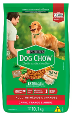Ração Seca Nestlé Purina Dog Chow Extra Life Carne, Frango e Arroz Cães Adultos Raças Médias e Grandes